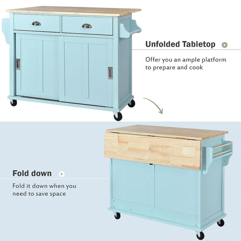 Rubberwood Drop-Leaf Kitchen Cart with 2 Drawers and Sliding Door