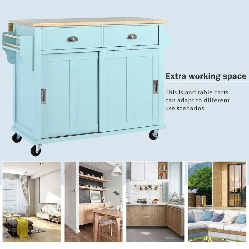 Rubberwood Drop-Leaf Kitchen Cart with 2 Drawers and Sliding Door