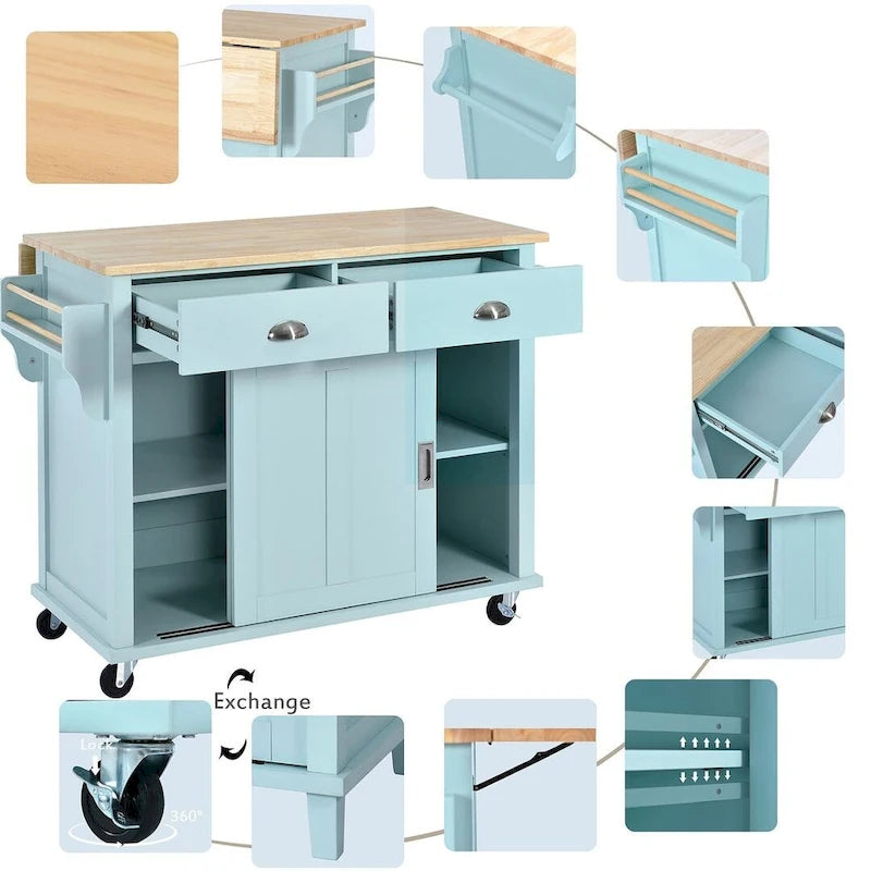 Rubberwood Drop-Leaf Kitchen Cart with 2 Drawers and Sliding Door