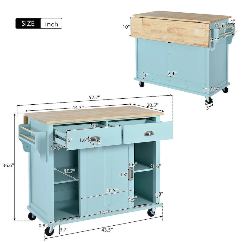 Rubberwood Drop-Leaf Kitchen Cart with 2 Drawers and Sliding Door