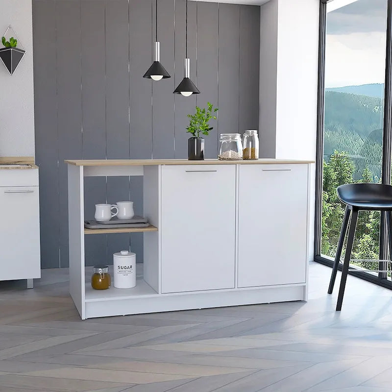 Kitchen Island with Four Open Shelves and Two Cabinets, White & Light Oak