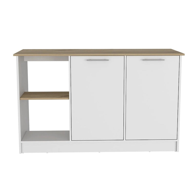 Kitchen Island with Four Open Shelves and Two Cabinets, White & Light Oak