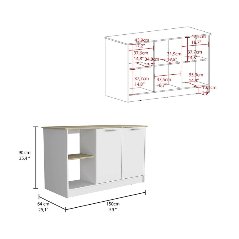 Kitchen Island with Four Open Shelves and Two Cabinets, White & Light Oak