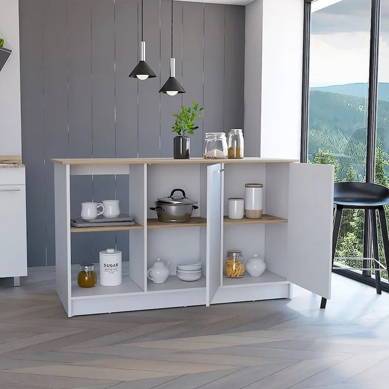Kitchen Island with Four Open Shelves and Two Cabinets, White & Light Oak