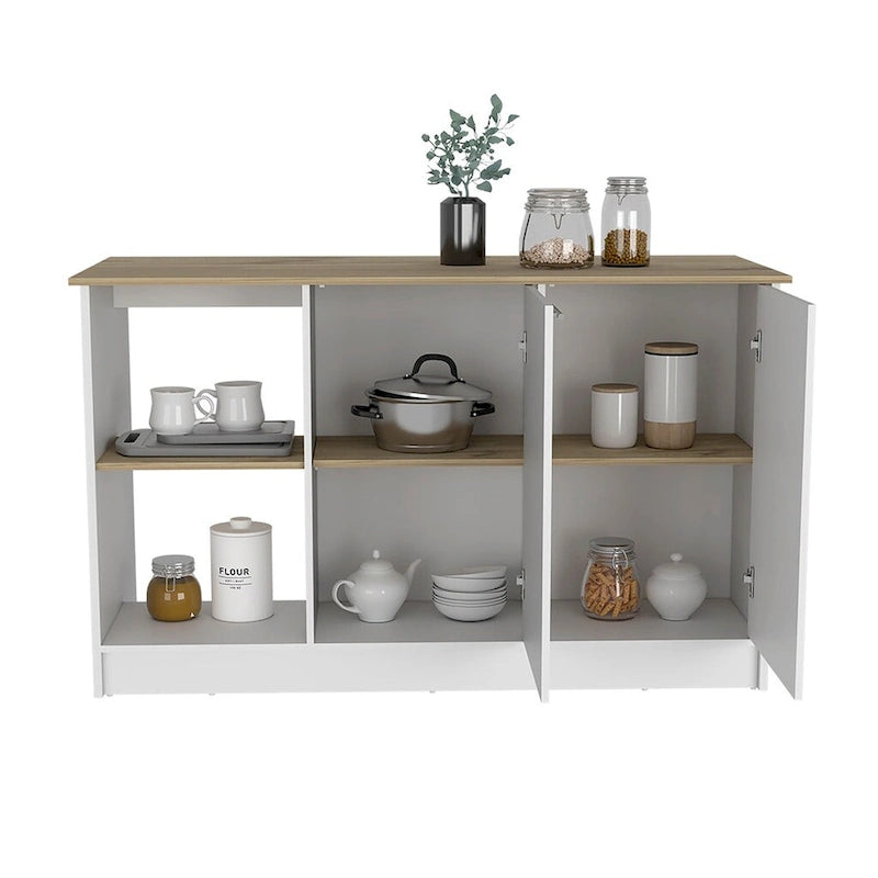 Kitchen Island with Four Open Shelves and Two Cabinets, White & Light Oak