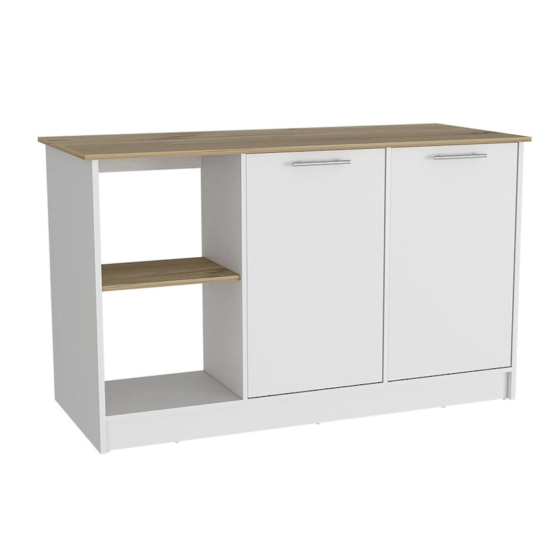 Kitchen Island with Four Open Shelves and Two Cabinets, White & Light Oak
