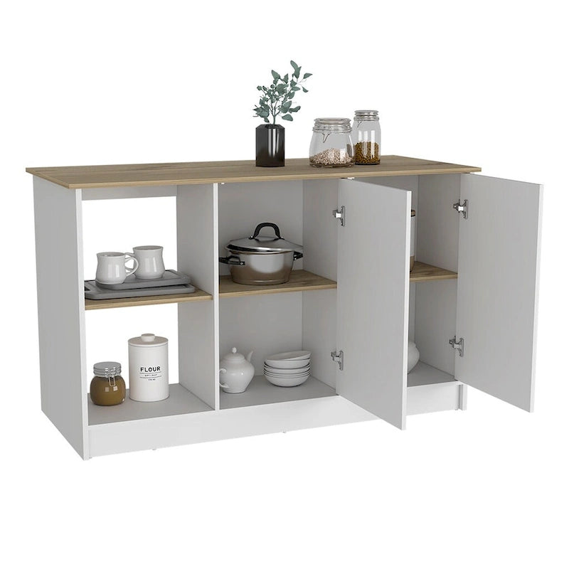 Kitchen Island with Four Open Shelves and Two Cabinets, White & Light Oak