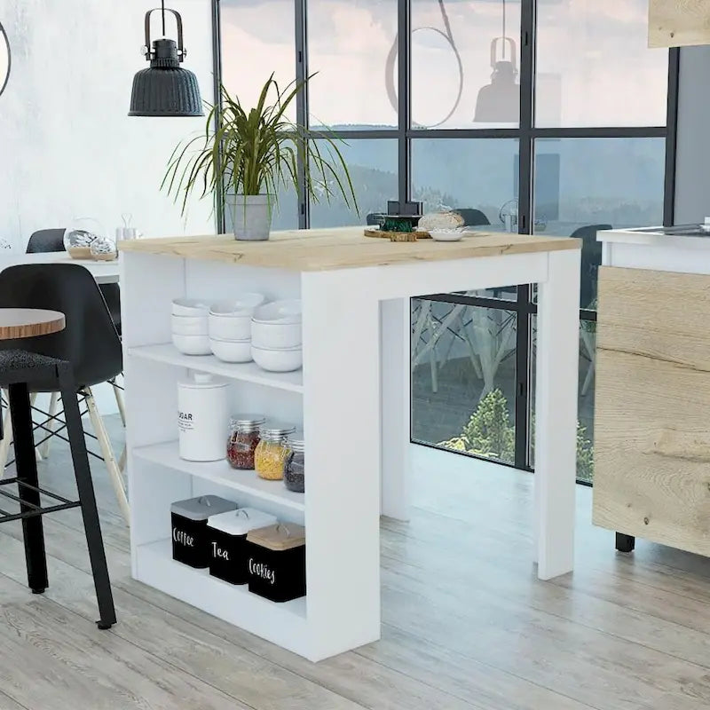 3-Drawer Kitchen Island in White and Pine