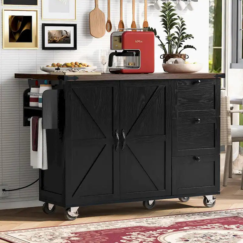 54.5-Inch Farmhouse Kitchen Island with Drop Leaf and Power Outlets