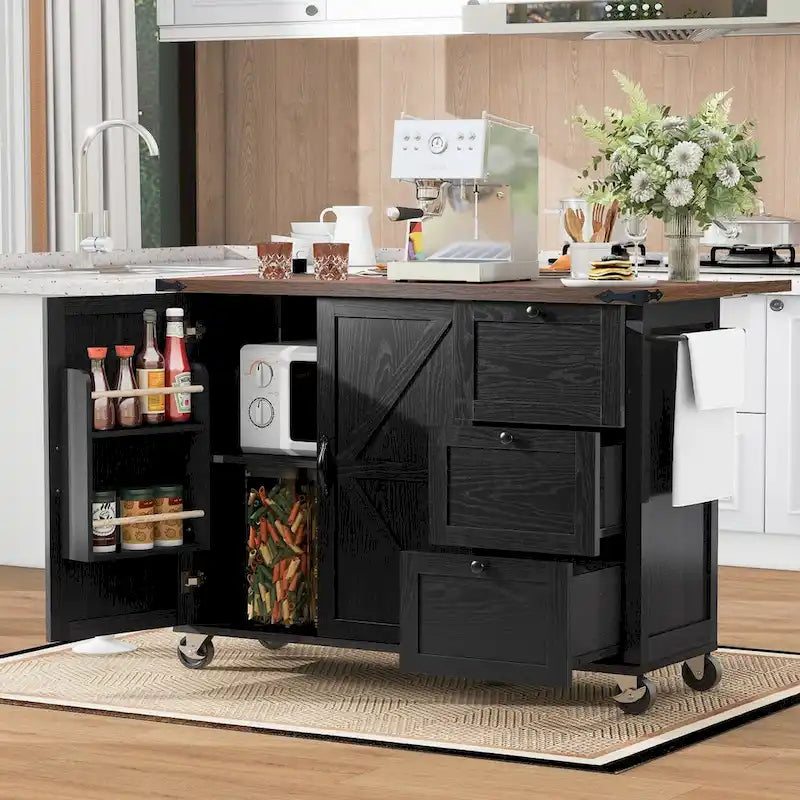 54.5-Inch Farmhouse Kitchen Island with Drop Leaf and Power Outlets