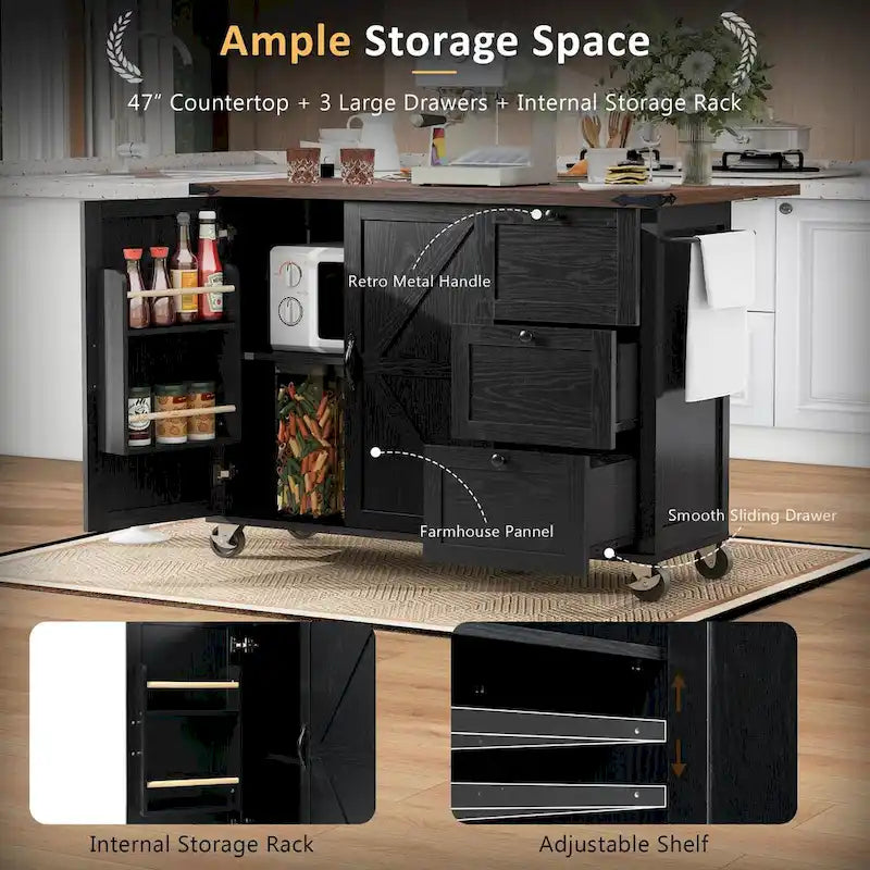54.5-Inch Farmhouse Kitchen Island with Drop Leaf and Power Outlets