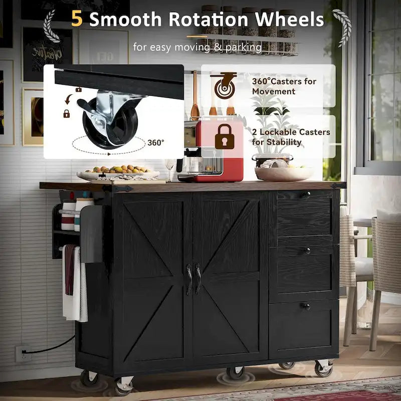 54.5-Inch Farmhouse Kitchen Island with Drop Leaf and Power Outlets