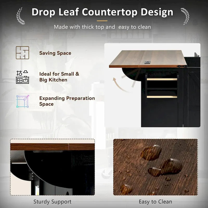 54.5-Inch Farmhouse Kitchen Island with Drop Leaf and Power Outlets