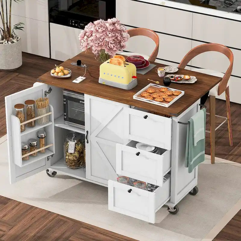 54.5-Inch Farmhouse Kitchen Island with Drop Leaf and Power Outlets