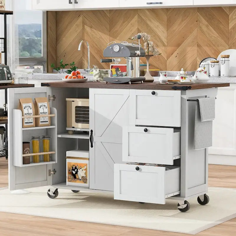 54.5-Inch Farmhouse Kitchen Island with Drop Leaf and Power Outlets