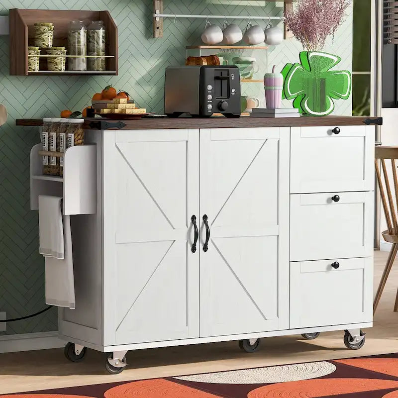 54.5-Inch Farmhouse Kitchen Island with Drop Leaf and Power Outlets