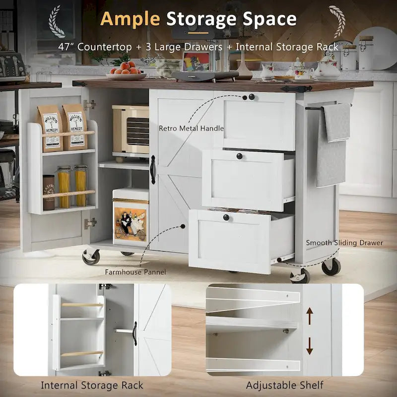 54.5-Inch Farmhouse Kitchen Island with Drop Leaf and Power Outlets