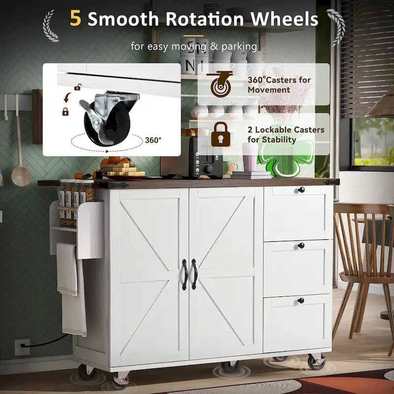 54.5-Inch Farmhouse Kitchen Island with Drop Leaf and Power Outlets