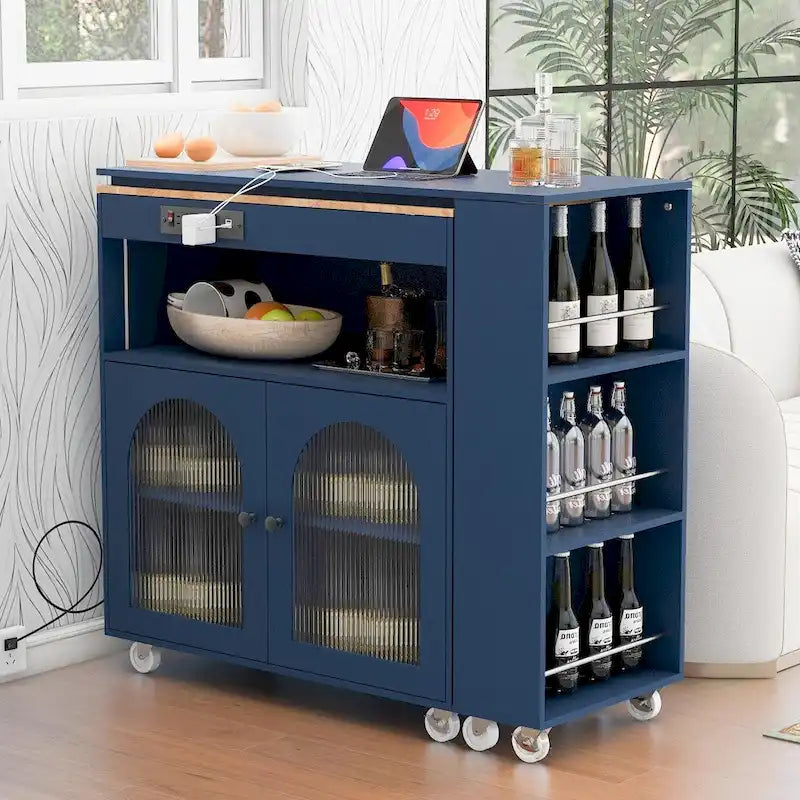 Rolling Kitchen Island with Adjustable Table and Glass Doors