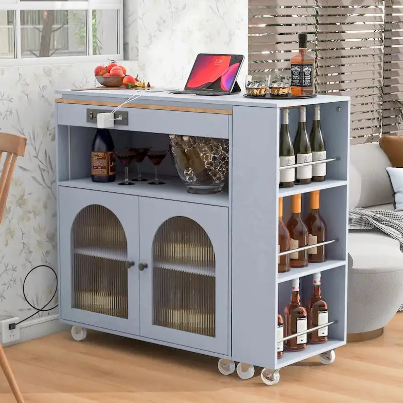 Rolling Kitchen Island with Adjustable Table and Glass Doors