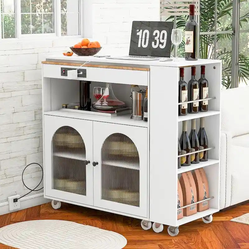 Rolling Kitchen Island with Adjustable Table and Glass Doors
