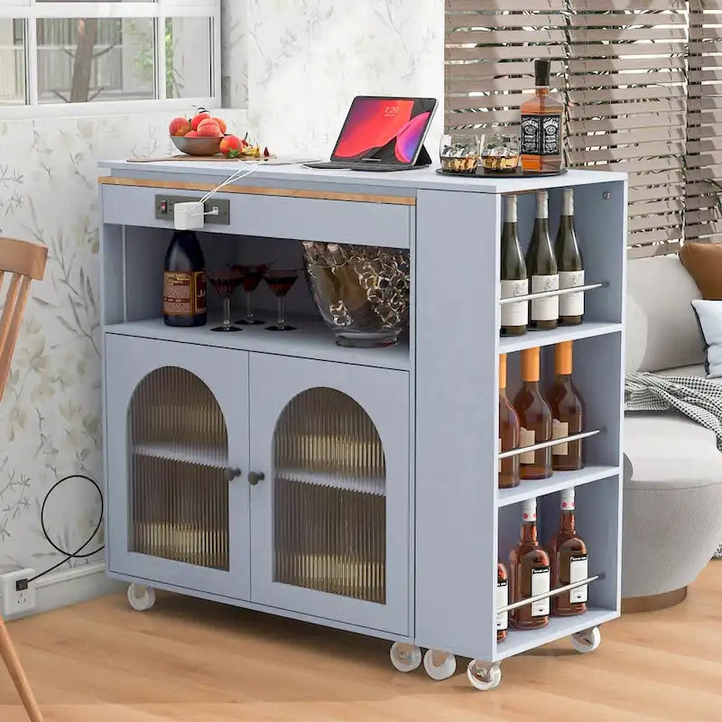 Rolling Kitchen Island with Adjustable Table and Glass Doors