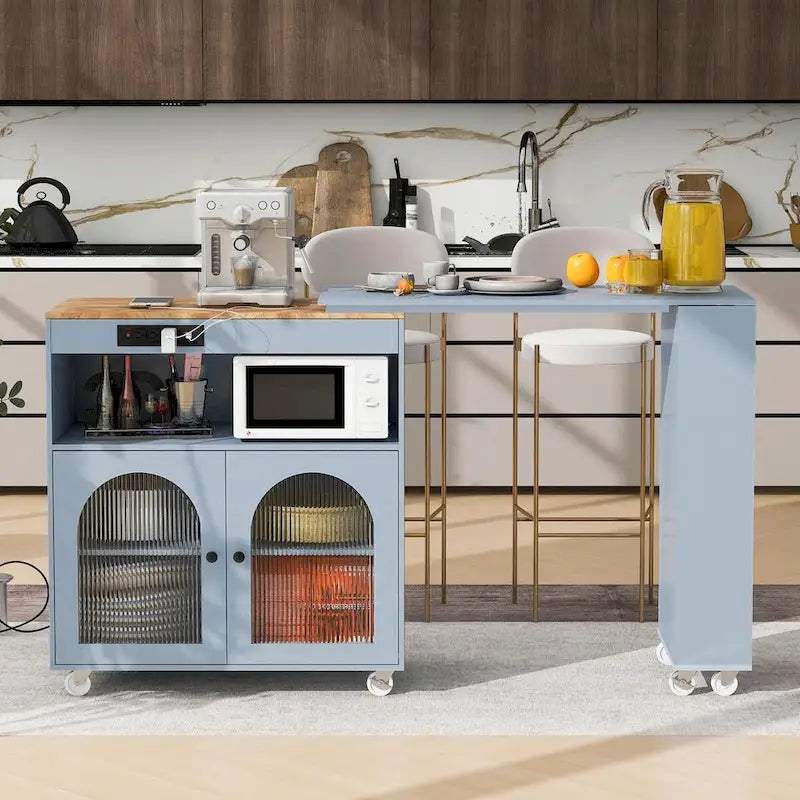 Rolling Kitchen Island with Adjustable Table and Glass Doors