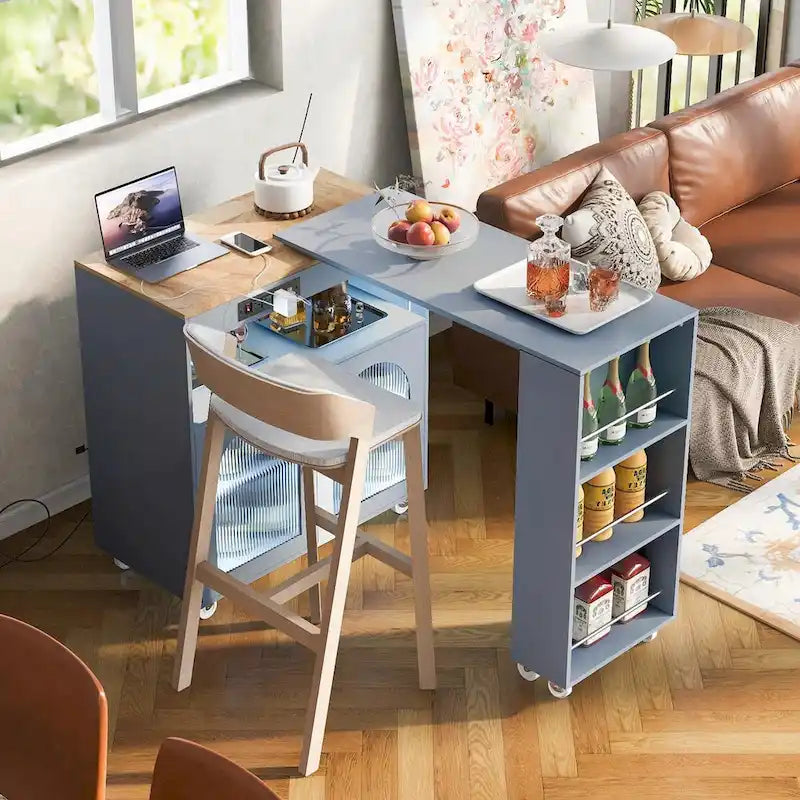 Rolling Kitchen Island with Adjustable Table and Glass Doors