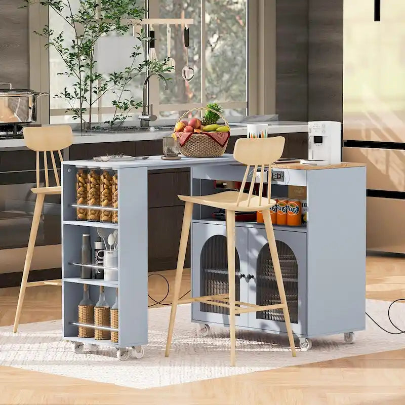 Rolling Kitchen Island with Adjustable Table and Glass Doors