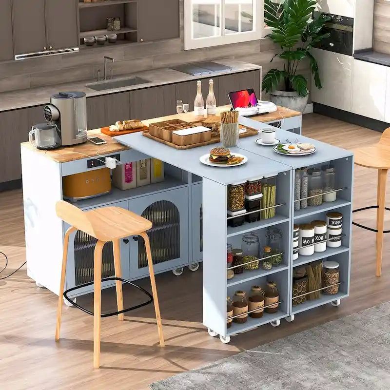 Rolling Kitchen Island with Adjustable Table and Glass Doors
