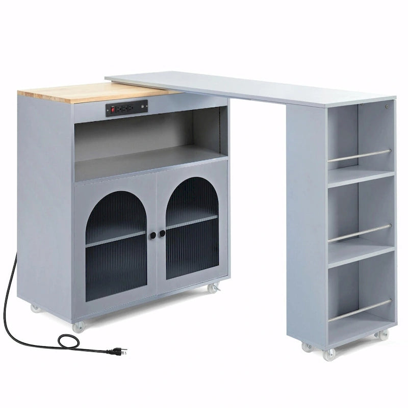 Rolling Kitchen Island with Adjustable Table and Glass Doors