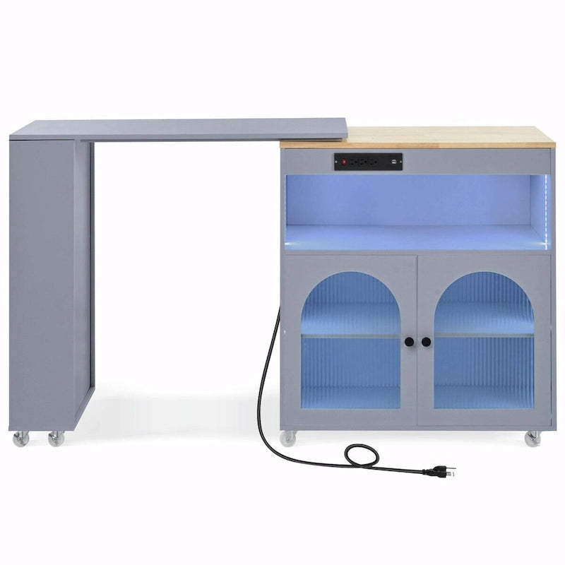 Rolling Kitchen Island with Adjustable Table and Glass Doors