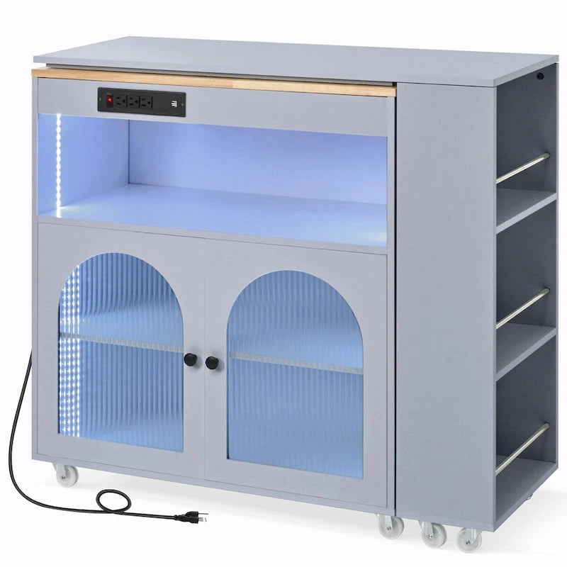 Rolling Kitchen Island with Adjustable Table and Glass Doors