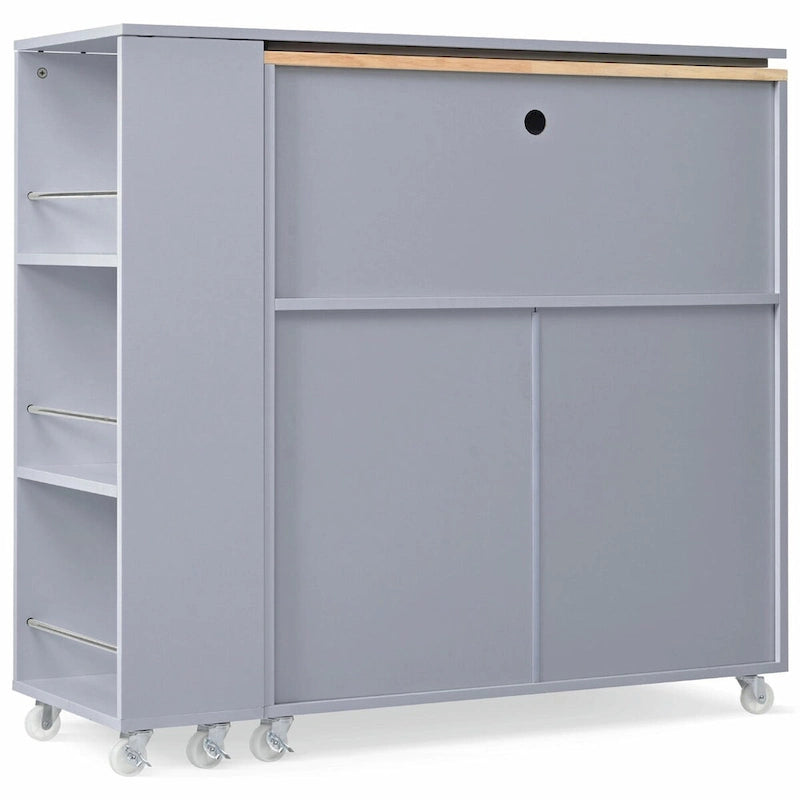 Rolling Kitchen Island with Adjustable Table and Glass Doors