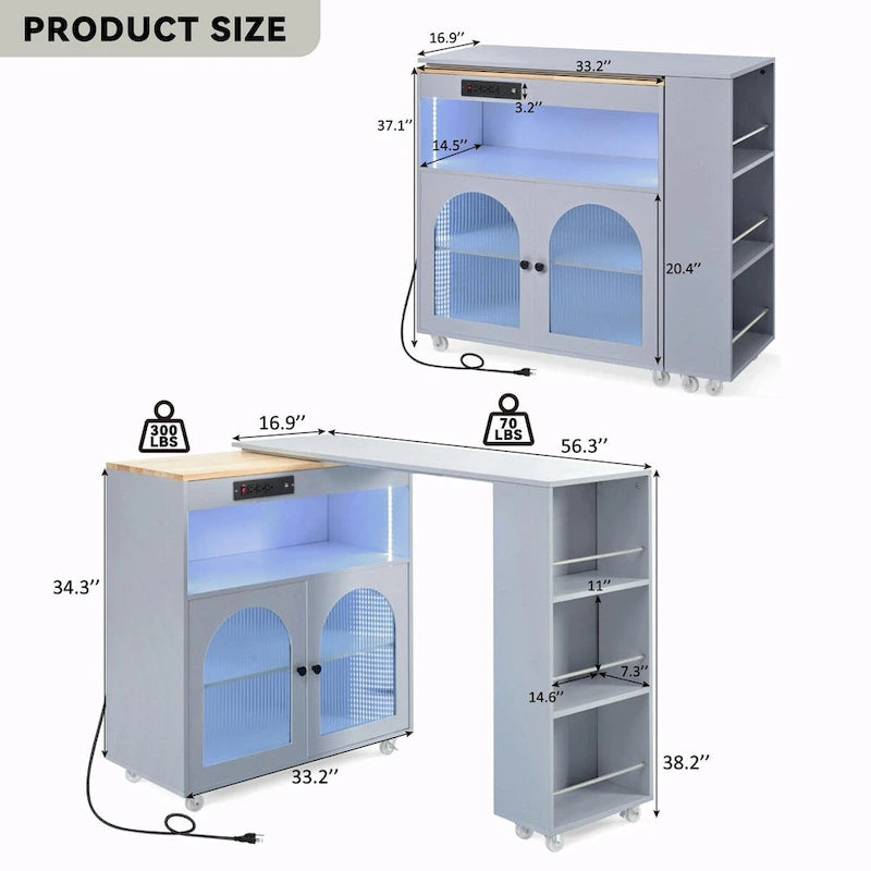 Rolling Kitchen Island with Adjustable Table and Glass Doors