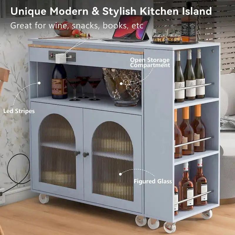 Rolling Kitchen Island with Adjustable Table and Glass Doors