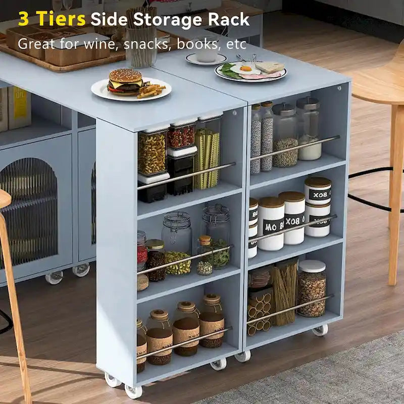 Rolling Kitchen Island with Adjustable Table and Glass Doors