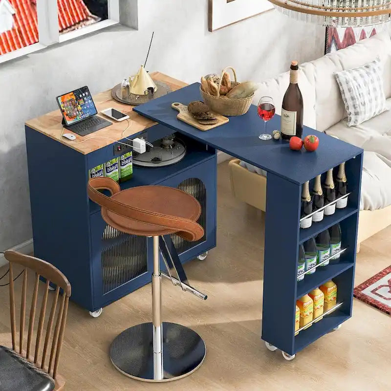 Rolling Kitchen Island with Adjustable Table and Glass Doors