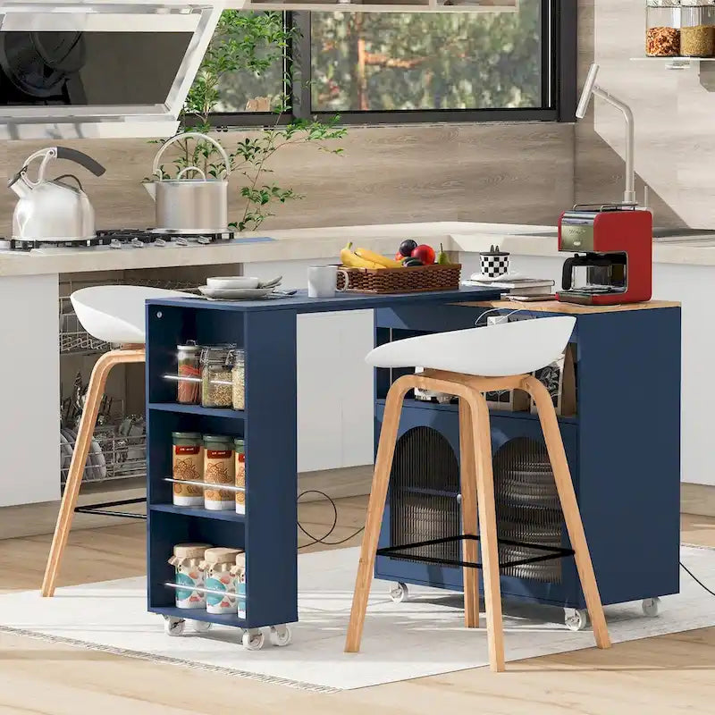 Rolling Kitchen Island with Adjustable Table and Glass Doors