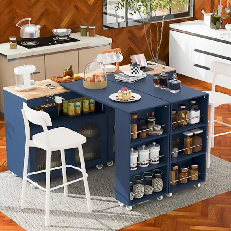 Rolling Kitchen Island with Adjustable Table and Glass Doors