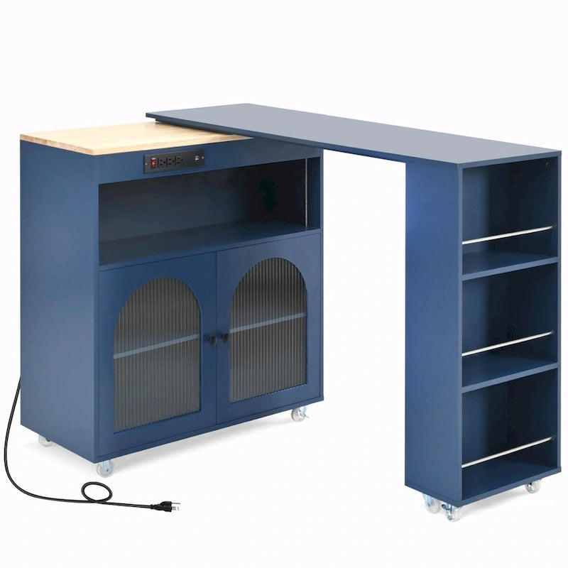 Rolling Kitchen Island with Adjustable Table and Glass Doors