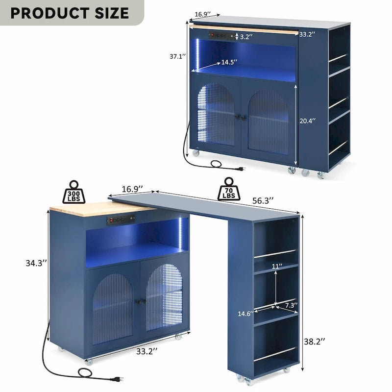 Rolling Kitchen Island with Adjustable Table and Glass Doors