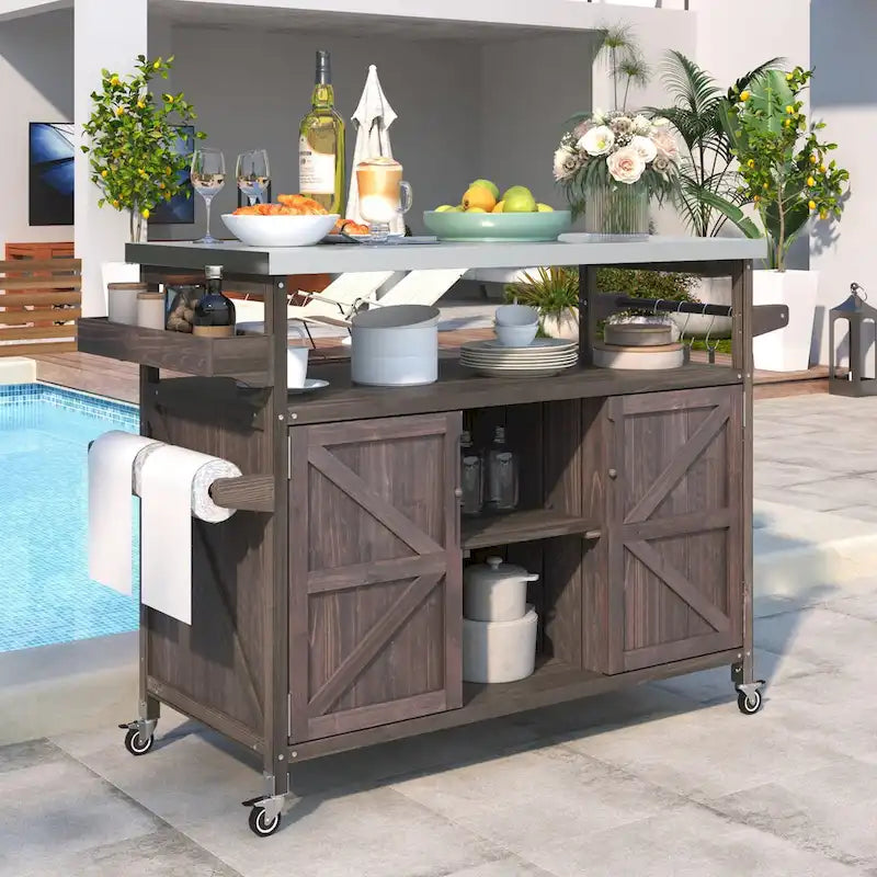 Outdoor Kitchen Cart with Stainless Steel Top and Storage Cabinet