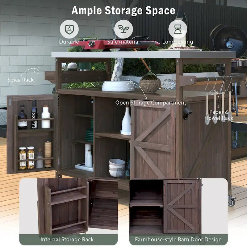 Outdoor Kitchen Cart with Stainless Steel Top and Storage Cabinet
