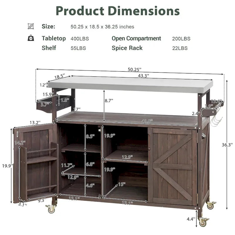 Outdoor Kitchen Cart with Stainless Steel Top and Storage Cabinet