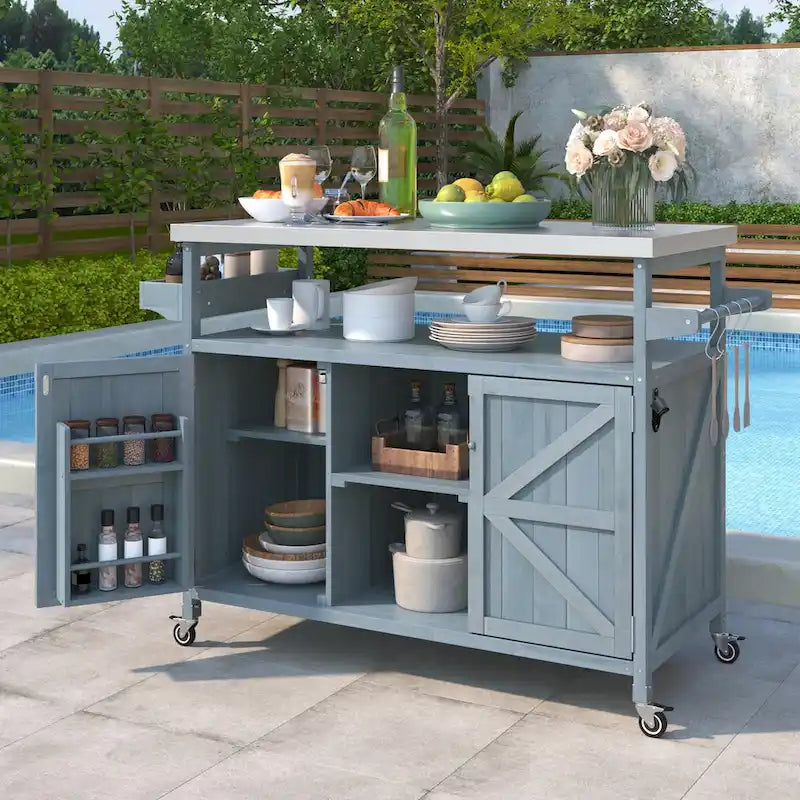 Outdoor Kitchen Cart with Stainless Steel Top and Storage Cabinet