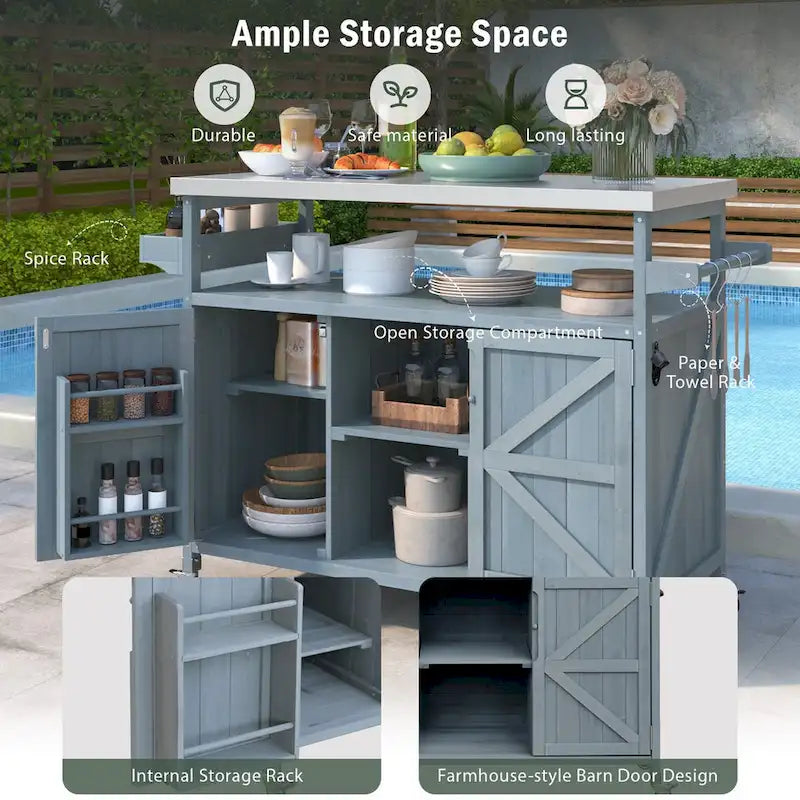 Outdoor Kitchen Cart with Stainless Steel Top and Storage Cabinet