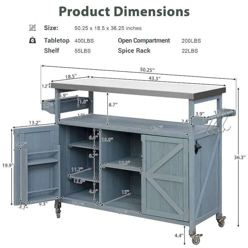 Outdoor Kitchen Cart with Stainless Steel Top and Storage Cabinet