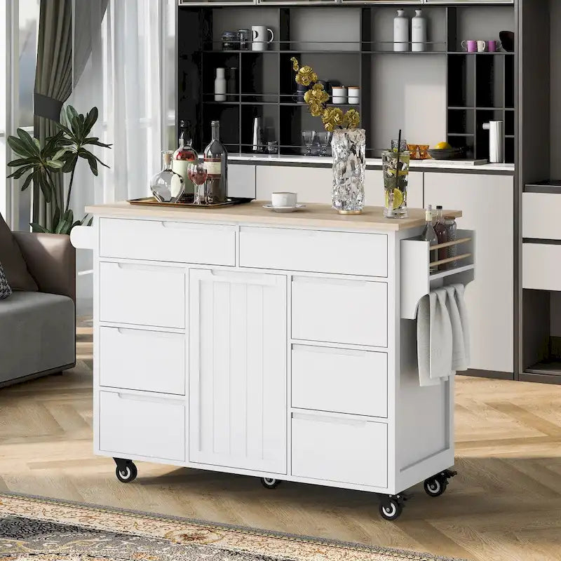 Rolling Kitchen Island with 8 Drawers and Rubber Wood Top