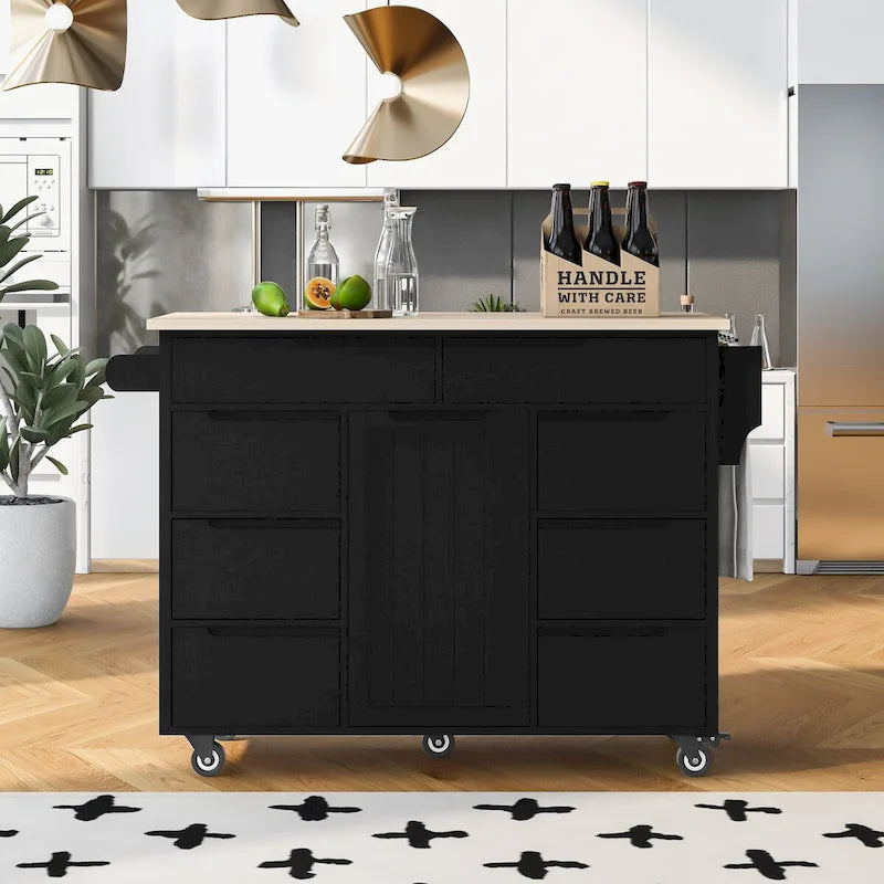 Rolling Kitchen Island with 8 Drawers and Rubber Wood Top